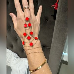 Goldish Tree of Life Circle Stone Hand Chain & Necklace in Red Glass